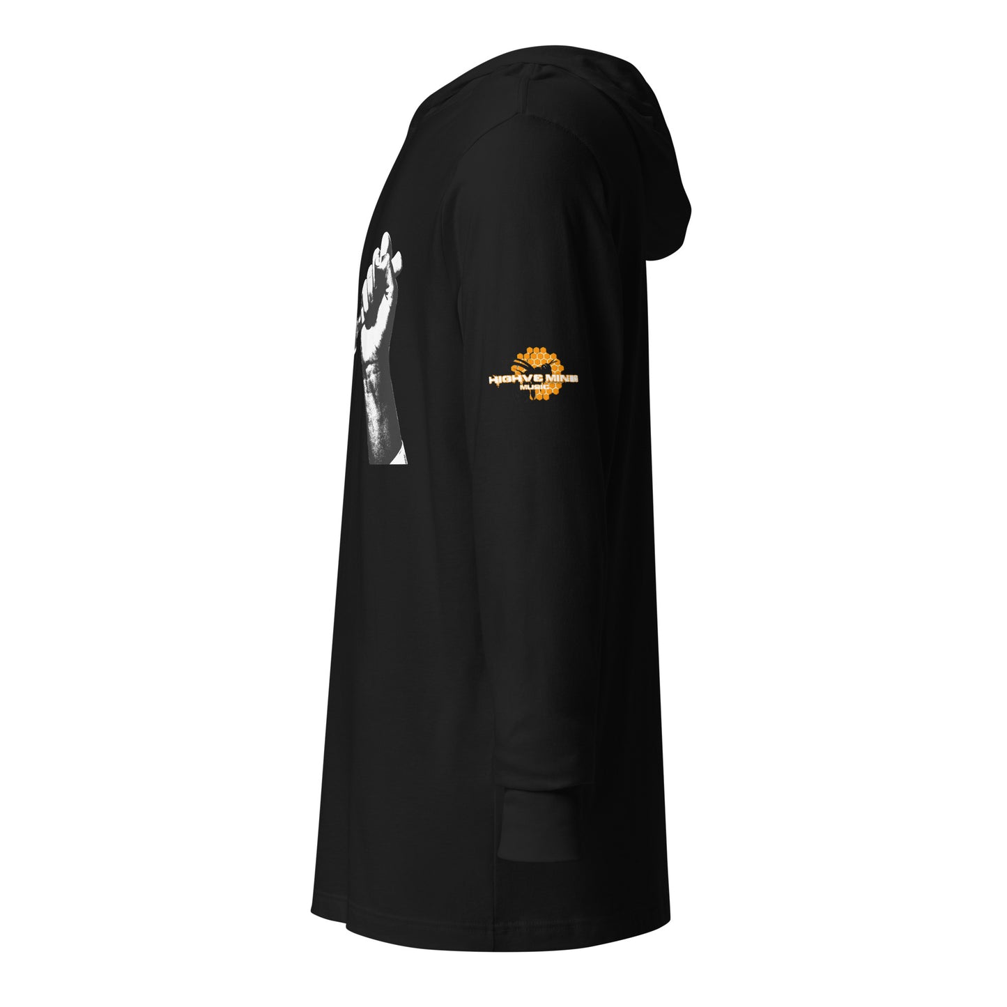 Hooded long-sleeve tee Bee Knife with both HighveMind logos (on sleeves)