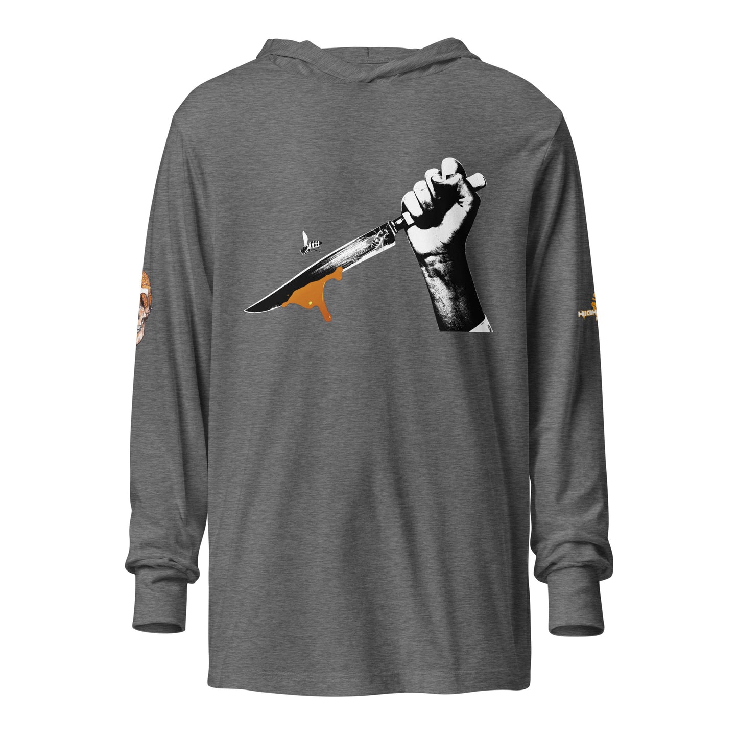 Hooded long-sleeve tee Bee Knife with both HighveMind logos (on sleeves)