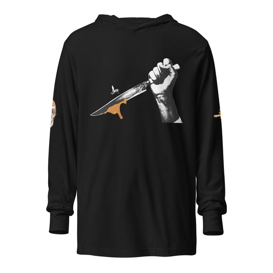 Hooded long-sleeve tee Bee Knife with both HighveMind logos (on sleeves)